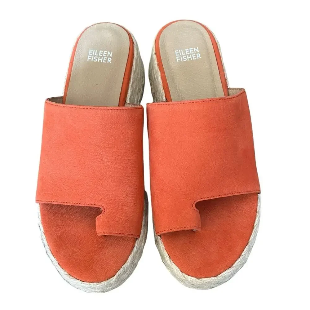 Eileen Fisher Tarry Toe Leather Espadrille Sandals Wedge Tangelo Orange 7.5 - Picture 5 of 8